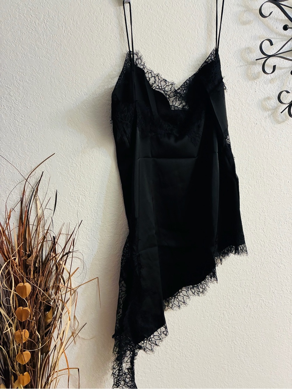 Black Lace Trim Satin Slip Dress